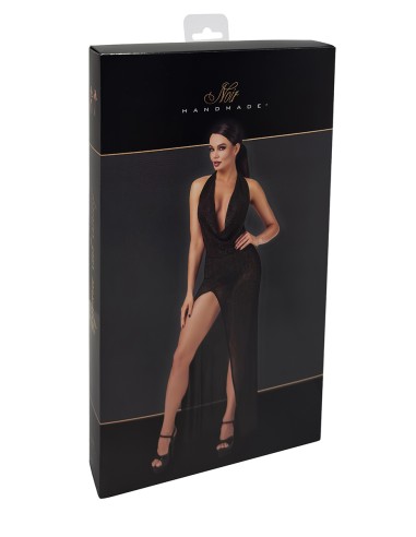 Robe longue fendue Onyx F373 - Noir Handmade
